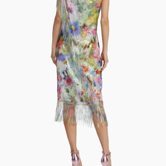 BADGLEY MISCHKA Green Multi Fringe Sequin Floral One Shoulder Dress - Picture 5 of 17